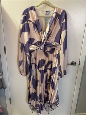Long sleeve formal purple and cream maxi dress with Asymmetrical hemline